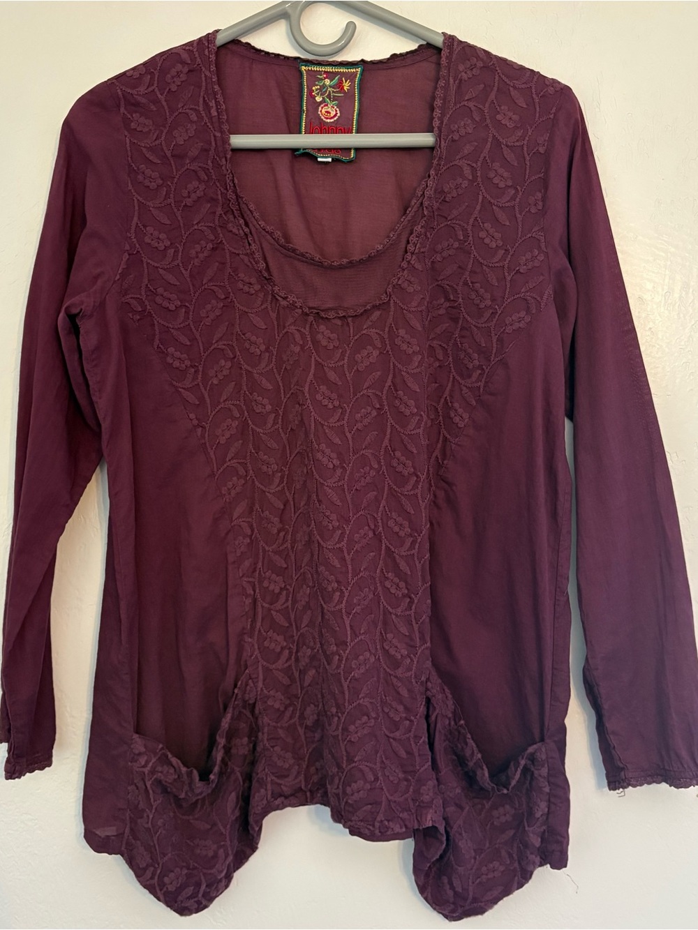 Johnny Was Plum Embroidered Scoop Neck Long Sleeve Top